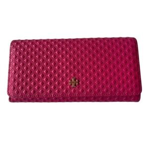 Tory Burch Marion Continental Wallet Embossed Fuschia Leather Envelope Long Pink